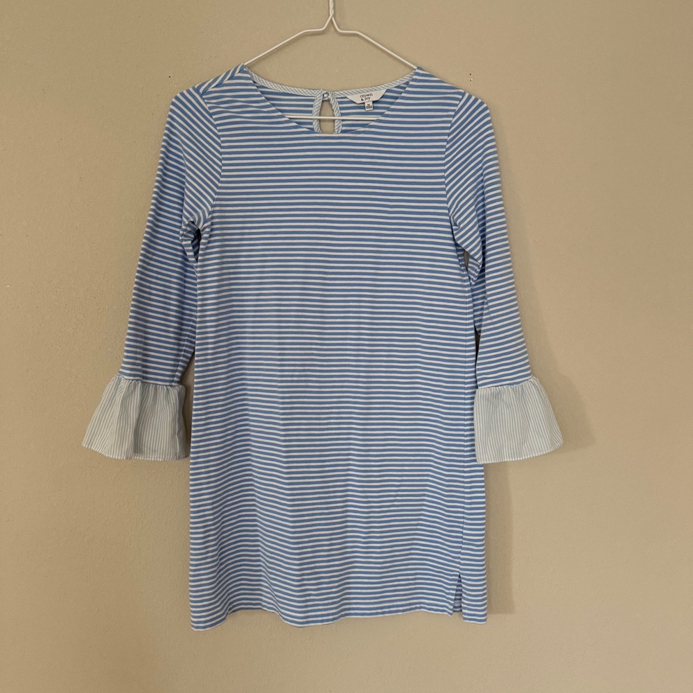 Crown & Ivy Striped Dress Girls Size M Blue White Ruffle Bell Sleeve Knit